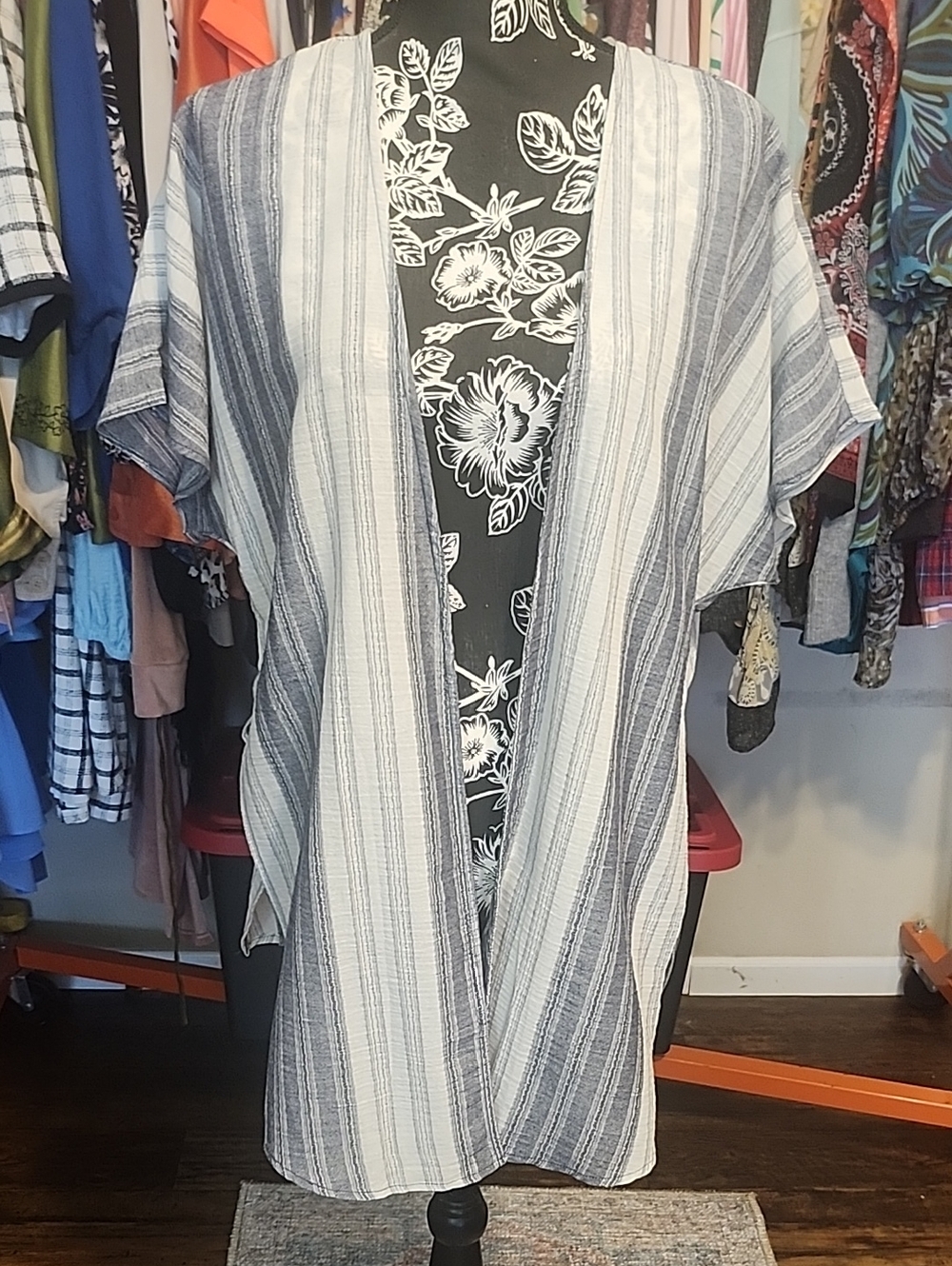 Lightweight Open Front Striped Kimono - Blue & White
